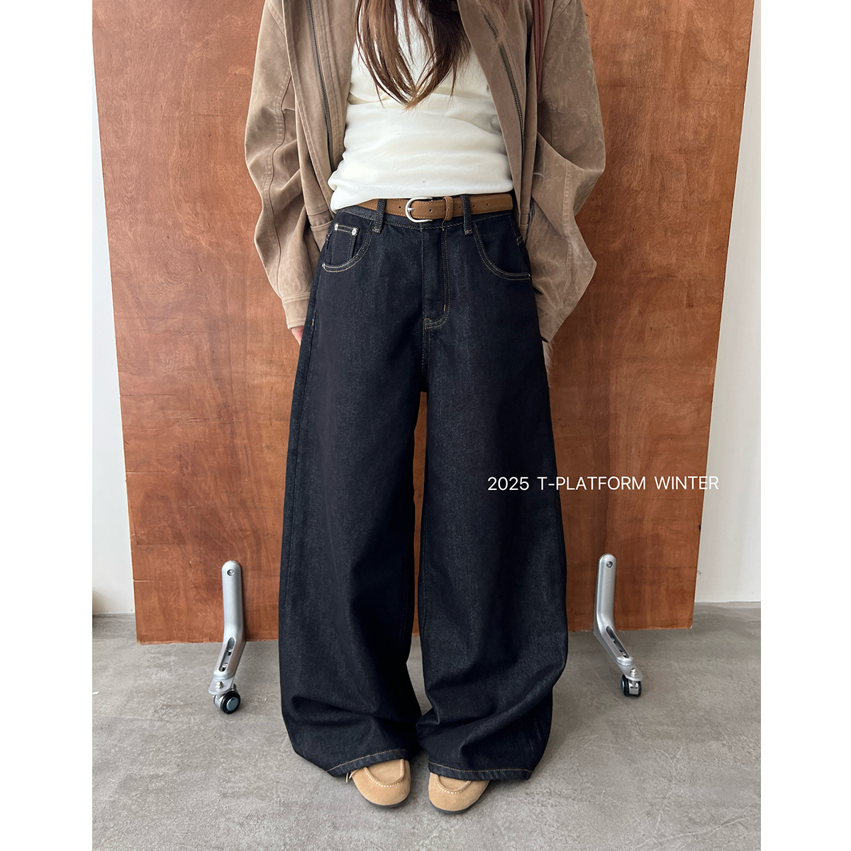 宽松垂感直筒拖地裤冬季牛仔裤93186