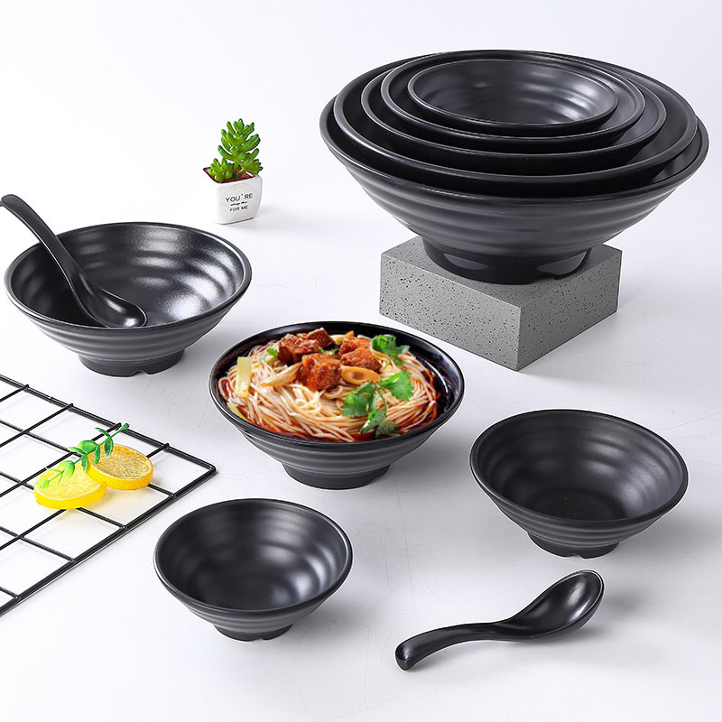 Melamine hot pot large bowl, imitation porcelain black bell mouth bowl, special bowl for Japanese noodle shops and restaurants, rice noodle soup with snails, bamboo hat Specification image