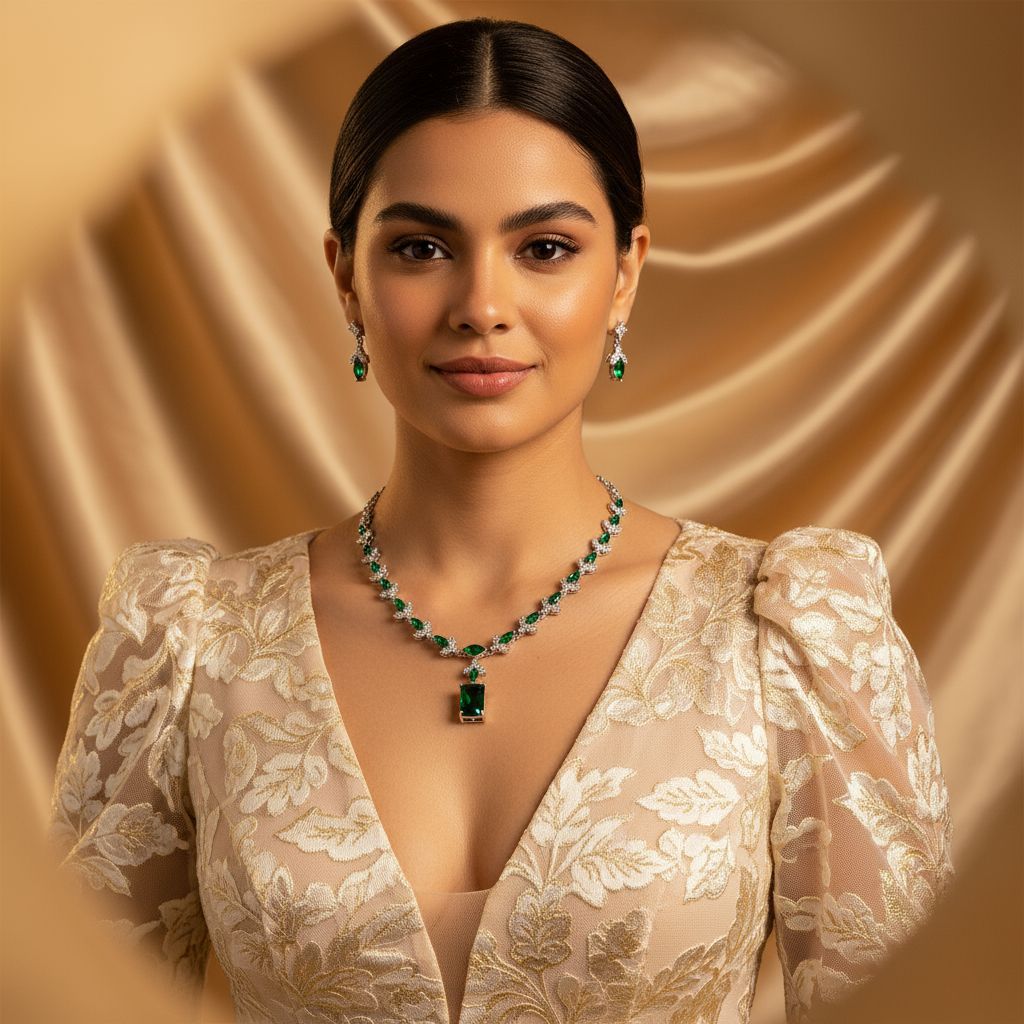 新娘饰品套装气质方形祖母绿锆石吊坠项链无铅无镍环保铜镀金耳钉