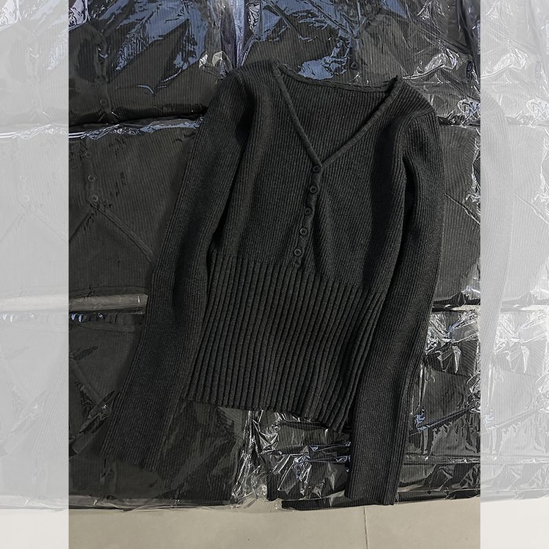 韩系灰色V领针织打底衫女内搭秋冬新款加厚软糯收腰显瘦长袖上衣产品图