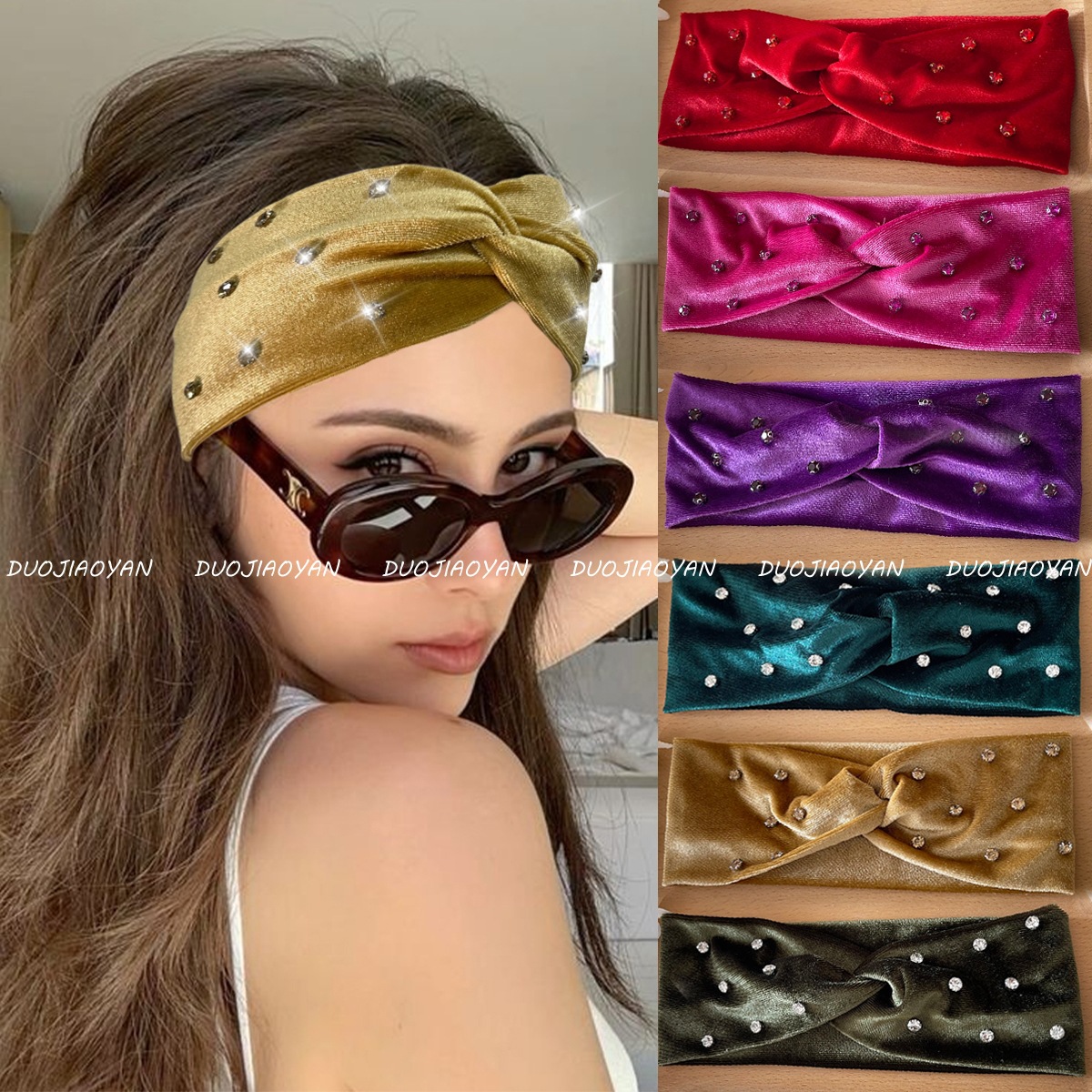 New cross-border velvet nail diamond hair band, retro autumn and winter fashion hair band, warm and high-end cross-tie hair band in stock full figure