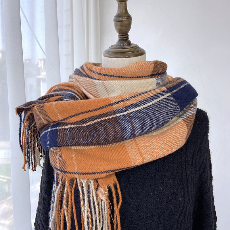 Wholesale of one-piece checked scarves for women in autumn and winter, Korean retro shawls, Japanese student-style faux cashmere warm tassel scarves, wholesale from street stalls Specification image