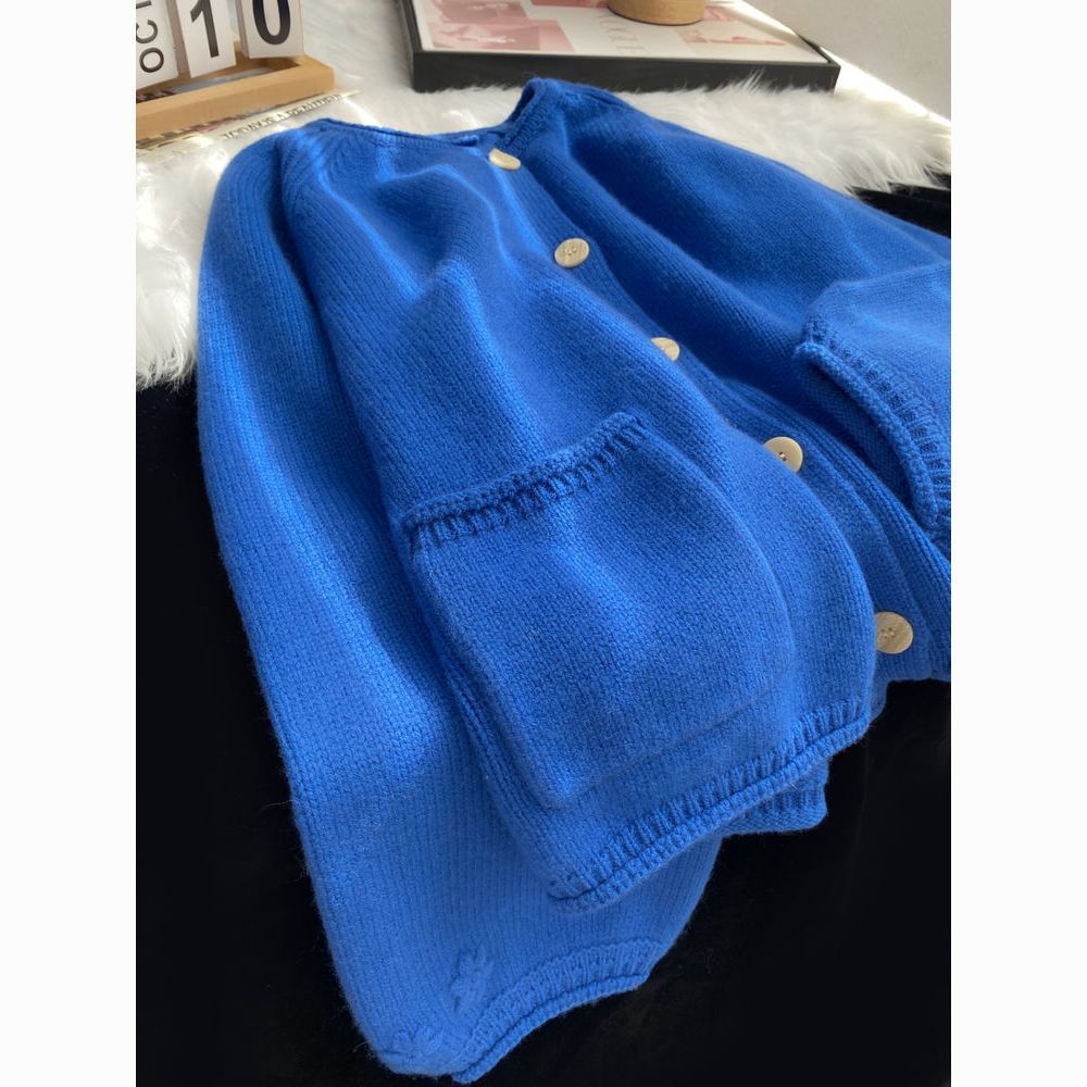 Sanlida Dikailin blue knitted cardigan sweater jacket for women's early spring, with a unique design sense and blue lantern sleeves