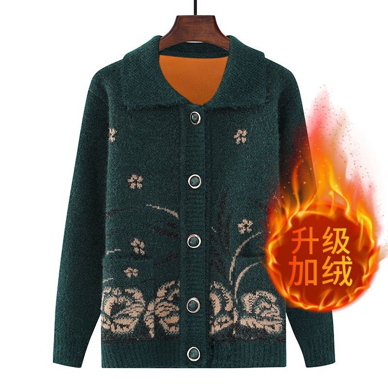 Grandma sweater coat for the elderly in autumn, mom's coat with fleece knitted cardigan, top for the elderly and grandmothers in autumn and winter Specification image