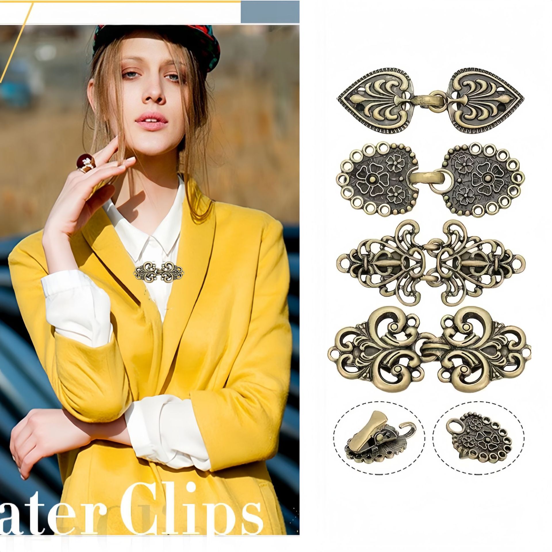 European and American retro alloy sweater, silk scarf, cardigan button, shirt, collar clip, anti-slip beam, tight clip, brooch, factory direct sales details Picture