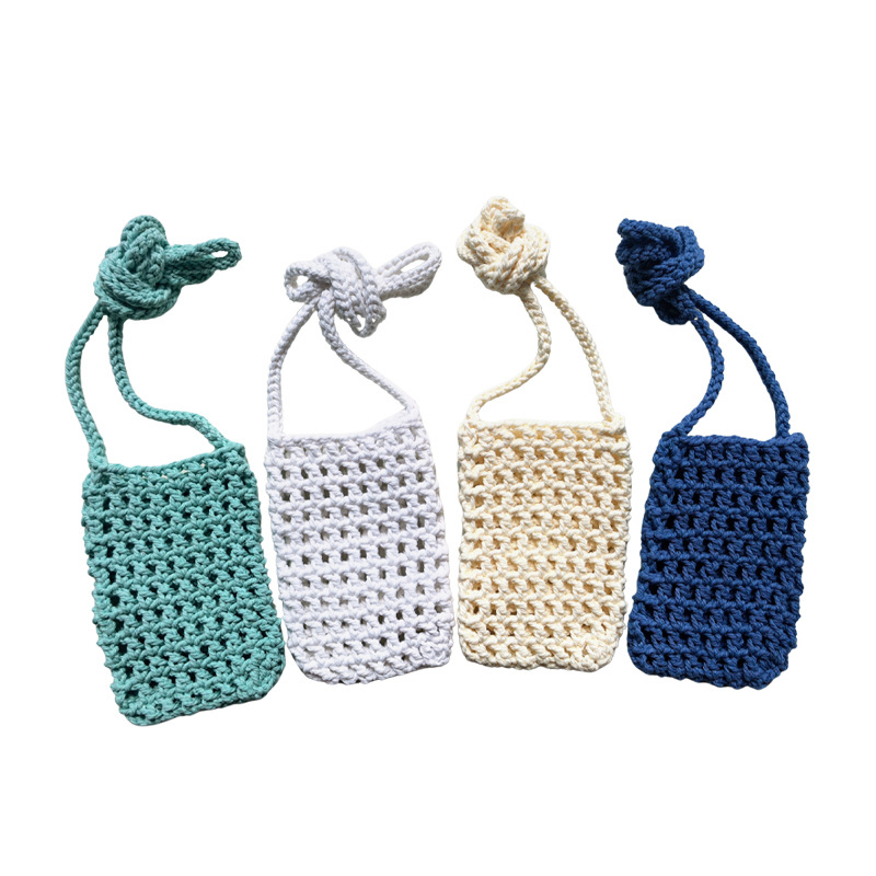 Knitted mobile phone bag, ins portable and popular hand-woven cotton rope crossbody bag, versatile in summer, single-shoulder mesh pocket Item Picture