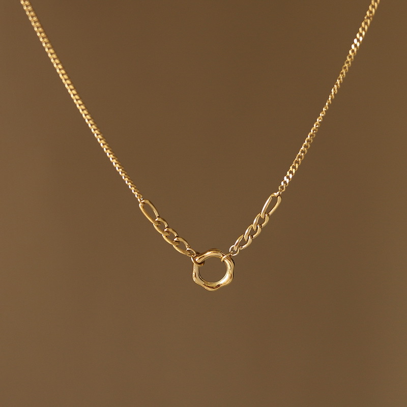 High-end, simple, light luxury, niche titanium steel chain hollowed-out circular necklace sweater chain, non-fading women's 2023 new style Specification image