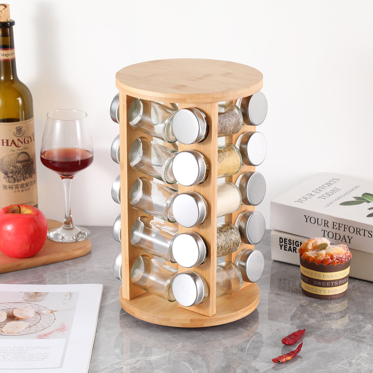 20罐竹制调味瓶套装玻璃调味罐可旋转竹架盐罐调料罐收纳架省空间