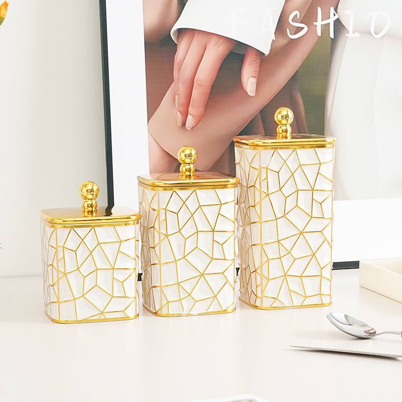 方形龟裂纹奶白带盖储物罐子杂粮零食密封罐子珠珠把手桌面收纳盒