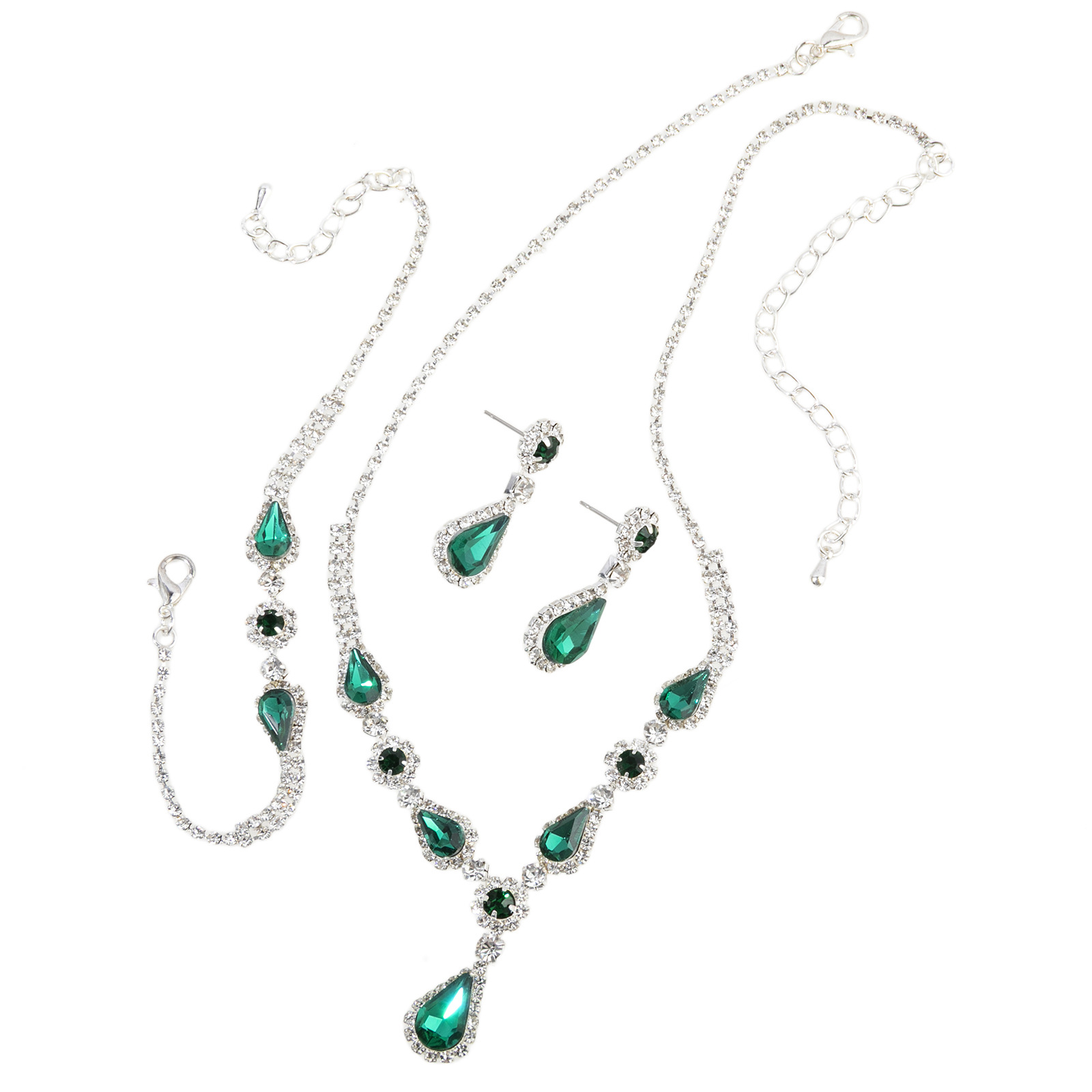 Three-piece set of luxury jewelry for cross-border European and American brides, green rhinestone teardrop-shaped jewelry set, wedding dress accessories for women Application Scenario