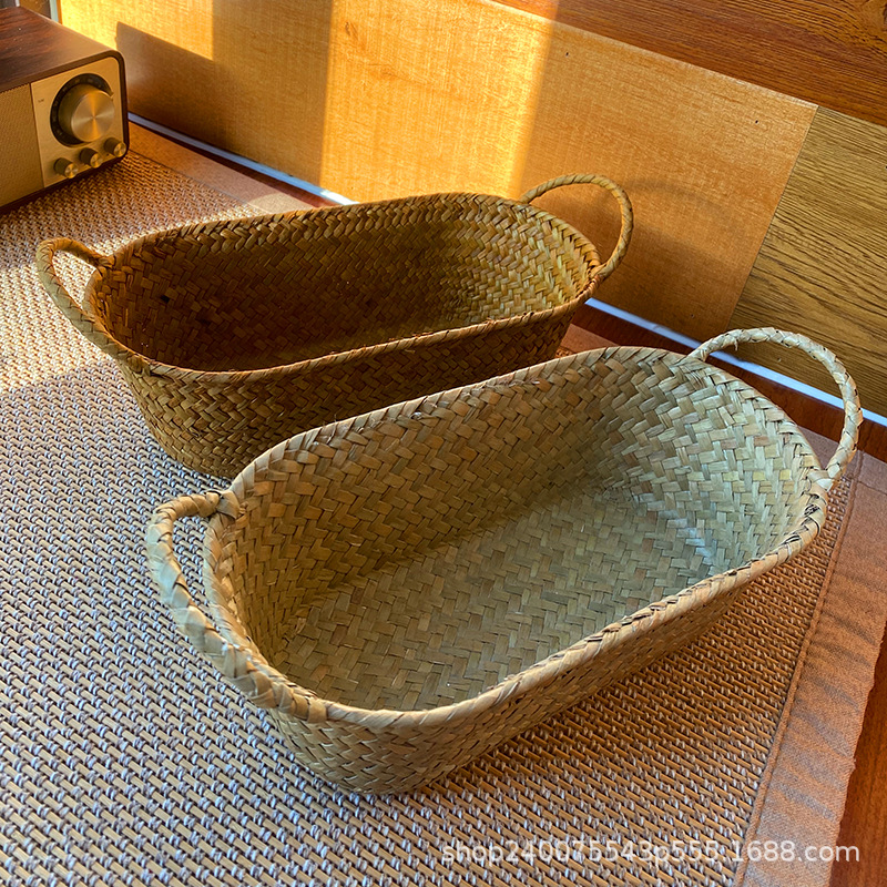 编织收纳筐双耳提手桌面收纳筐零食藤编整理收纳姜葱蒜食材放置筐