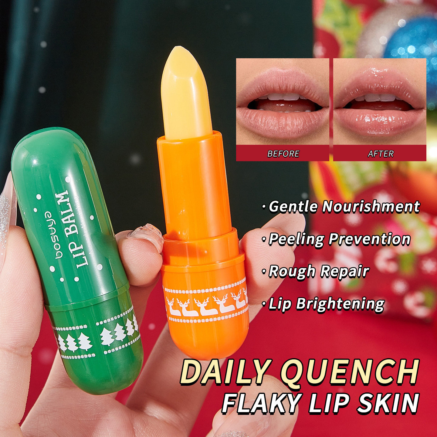 【 Cross-border Exclusive 】bosuya Christmas Lip Balm Set: Exfoliating, Reducing Lip Lines, Hydrating and Moisturizing Lip Balm Application Scenario