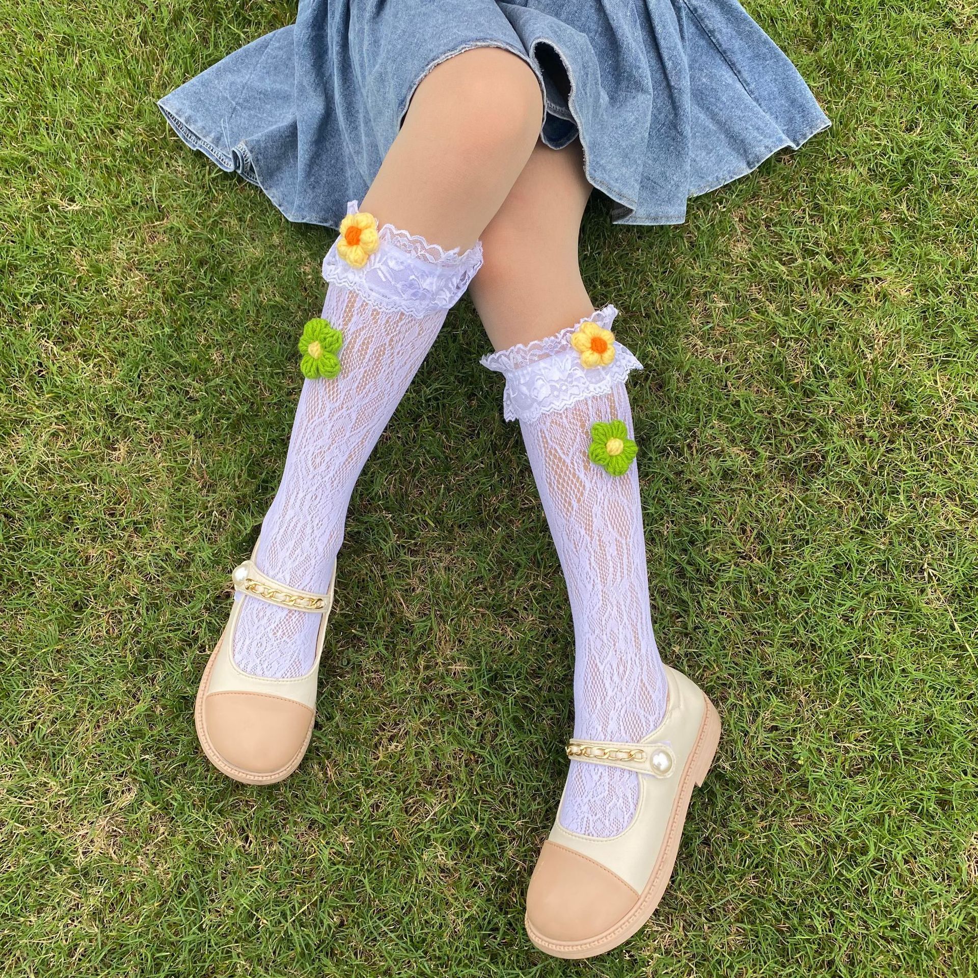 洛丽塔儿童小腿袜女童蕾丝花边彩色花朵短袜子女长筒袜春夏过膝袜