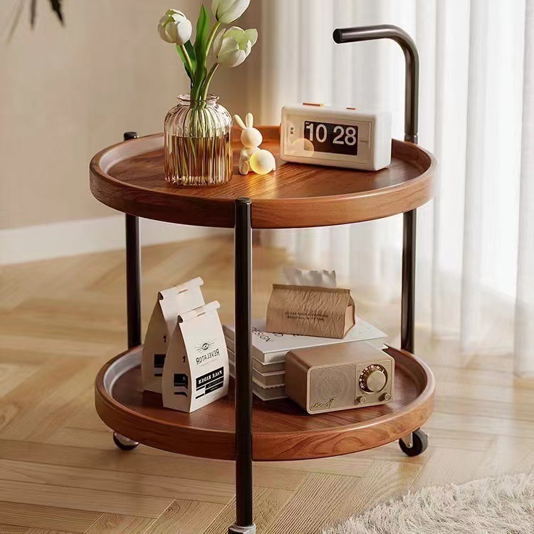 Double-layer tea table side table with a sense of luxury, movable tea, bedside storage rack for the bedroom, simple wheeled tea table for home use