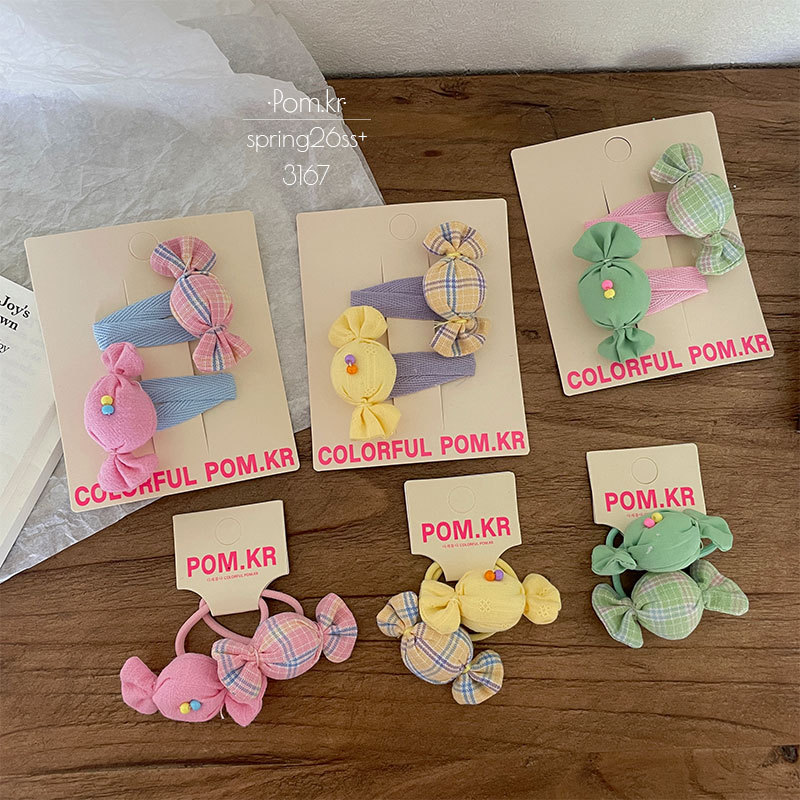 New children's sweet candy bye-bye clip, handcrafted fabric side broken bangs clip, baby pair elastic hair band Specification image