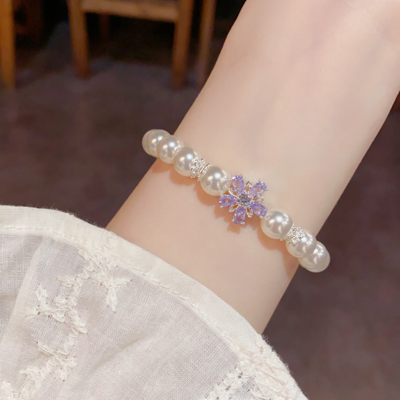 法式轻奢温柔百搭紫色花朵珍珠手链女小众气质简约设计感手饰批发