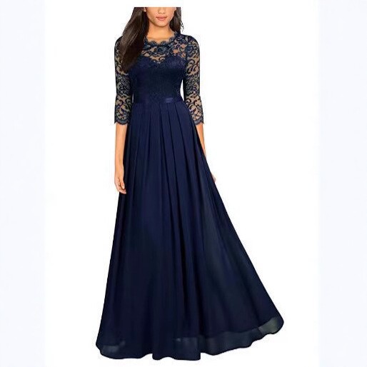 European station patchwork chiffon dress, round-neck lace long dress, evening dress for women details Picture