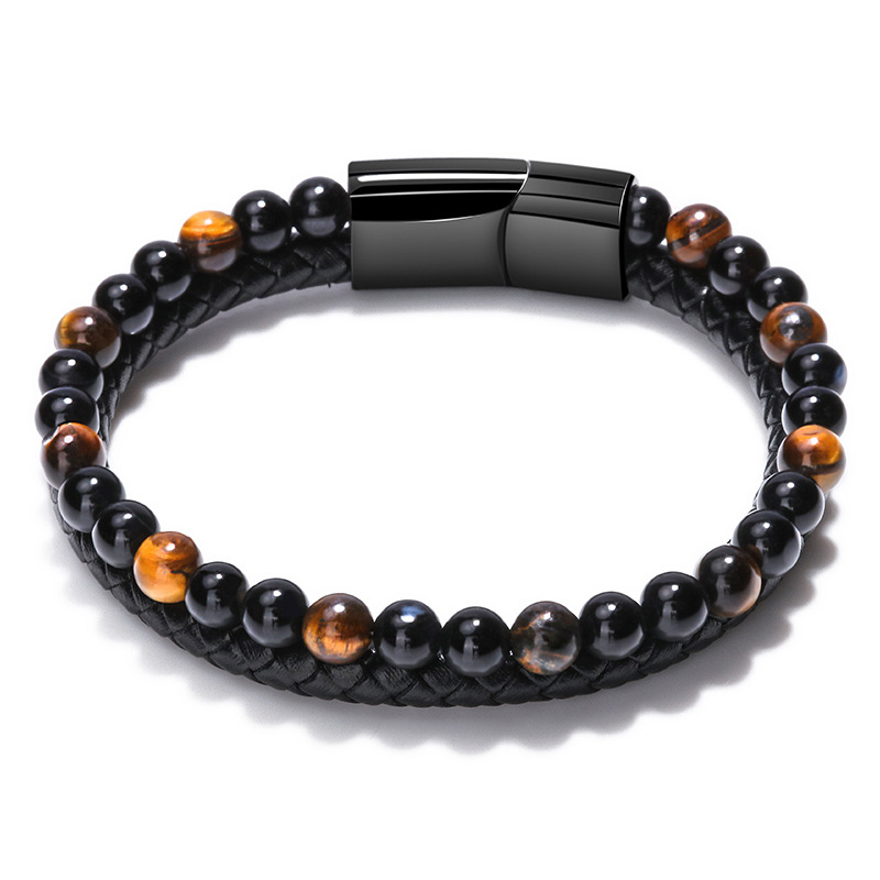 Cross-border simple natural volcanic stone bracelet for men, magnetic clasp woven tiger's eye stone with beads, cowhide rope bracelet accessory full figure