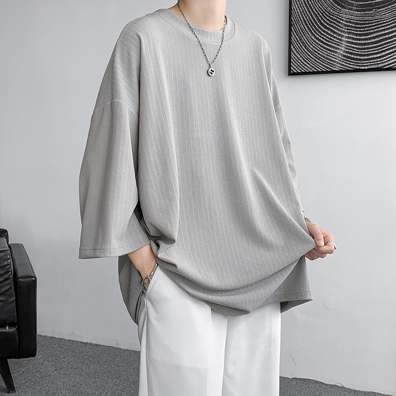 Ice Silk short-sleeved T-shirt men's drape top for summer 2024 new trendy large-sized solid color 7.5-and-a-half-sleeved T-shirt