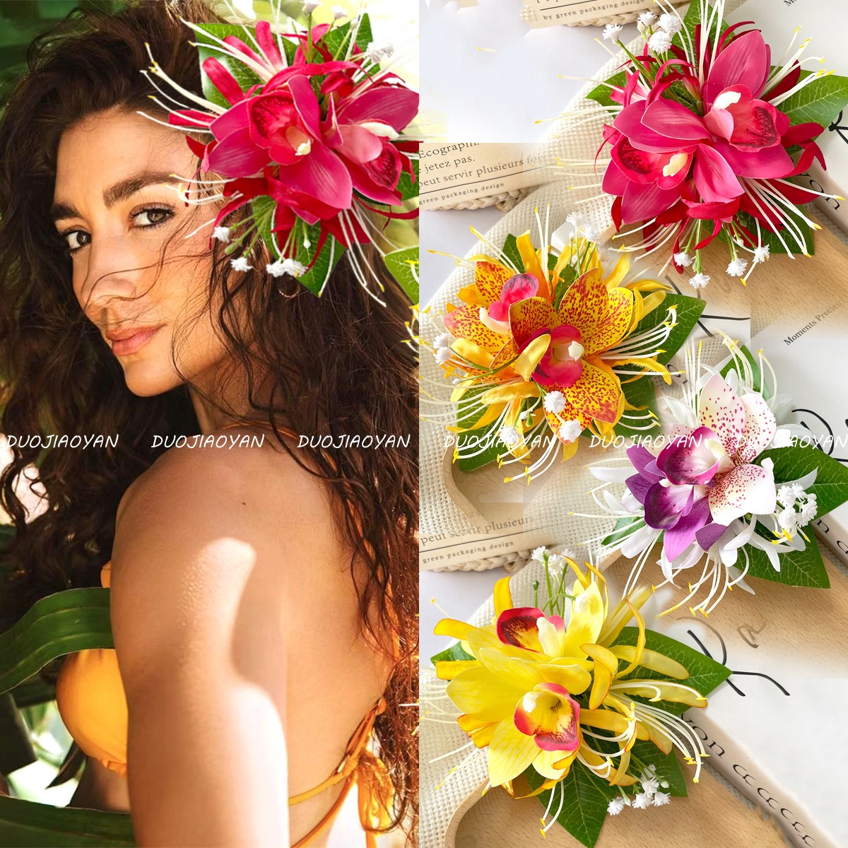 Cross-border bestsellers: orchid hair clips, Hawaiian faux fabric flower hair clips, headwear, beach vacation photo hair accessories full figure