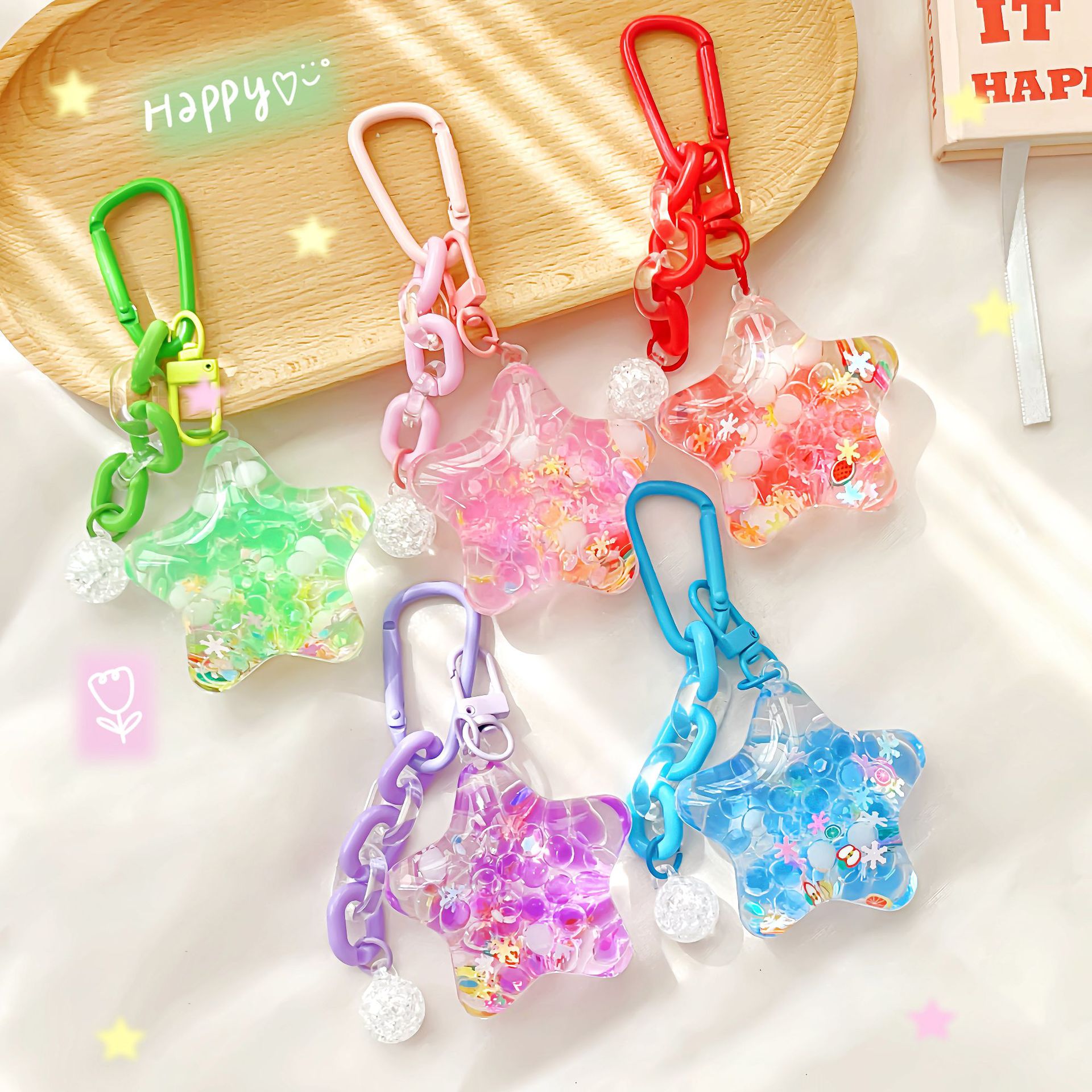 亚克力星星入油流沙瓶钥匙扣女卡通挂件儿童学生书包挂饰可爱漂浮