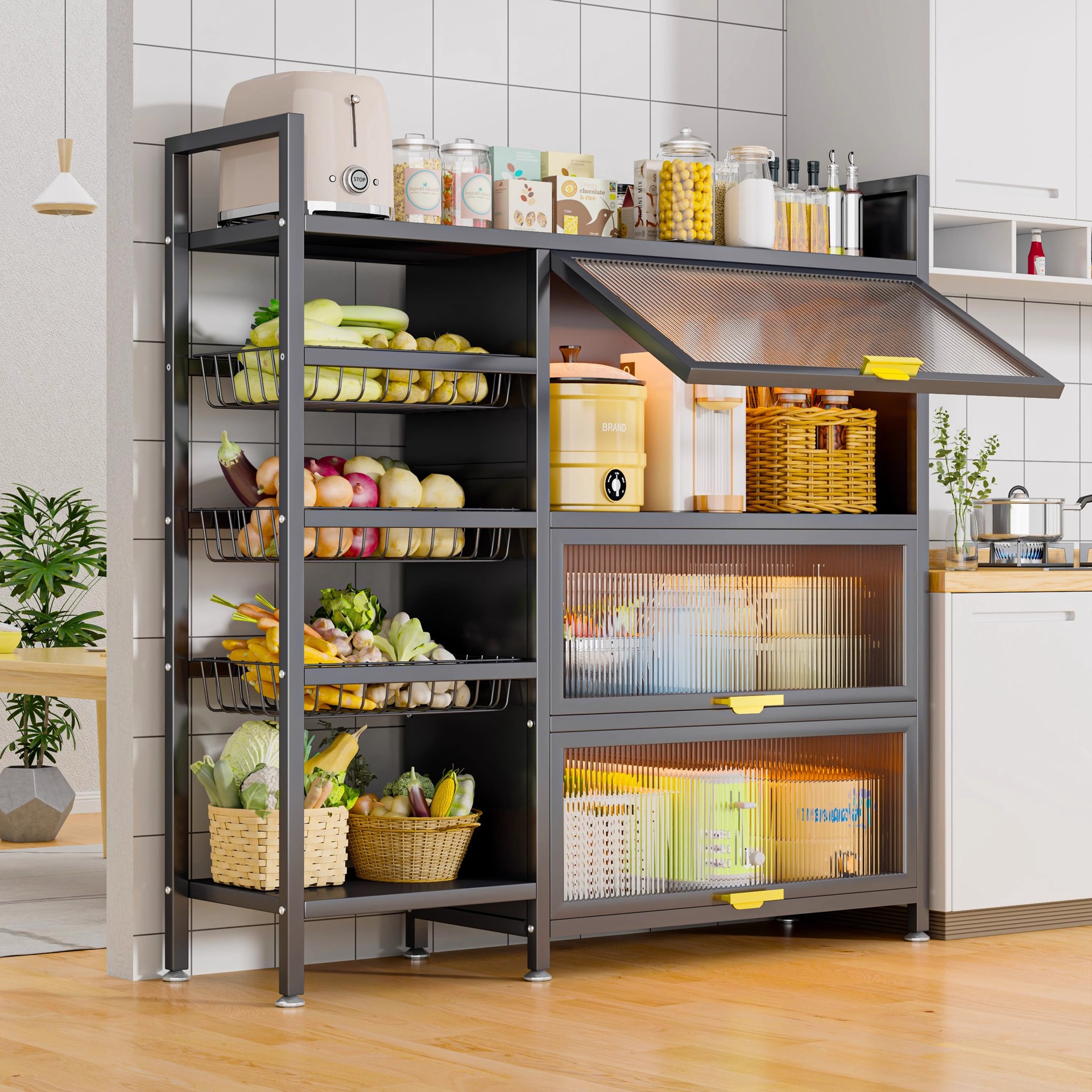 Cocina estante multifuncional al suelo canasta multicapa de frutas y verduras almacenamiento de microondas vajilla de almacenamiento gabinete a prueba de polvo Specification image