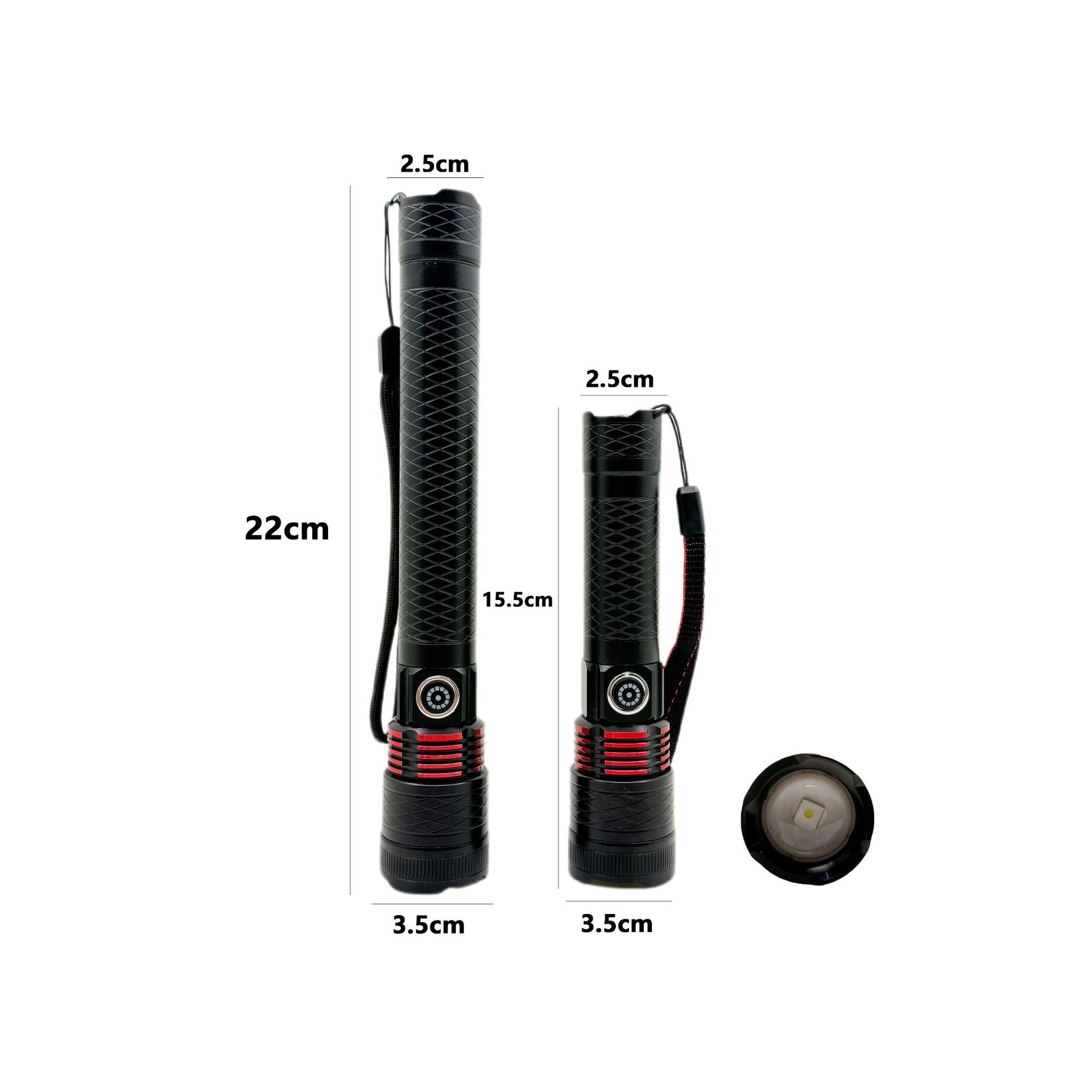 跨境户外强光手电筒铝合金探照TYPE-C充电伸缩变焦应急防水手电白底实物图