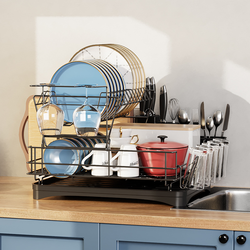 Cross-border Amazon bowl and plate draining rack, double-layer multi-functional bowl and chopstick storage rack, household kitchen water cup storage rack details Picture