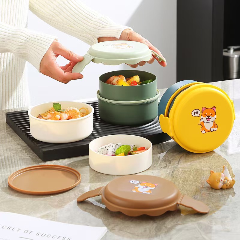 Super cute microwave oven bear lunch box, Japanese bento box, round cartoon plastic mini lunch box