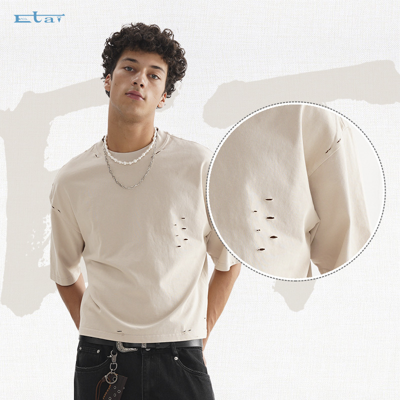 ETAI Men's Wear: American street trend retro polished solid color men's T-shirt, high-quality and heavyweight 100% cotton short wide short-sleeved Specification image