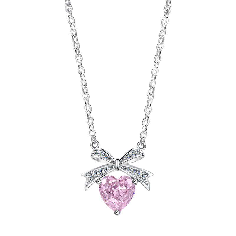 Zhuoheng Select S925 Pure Silver Pink Bow Ice Flower Cut Necklace, High-End, Non-Fading, Niche And Versatile Collarbone Chain Pendant Application Scenario