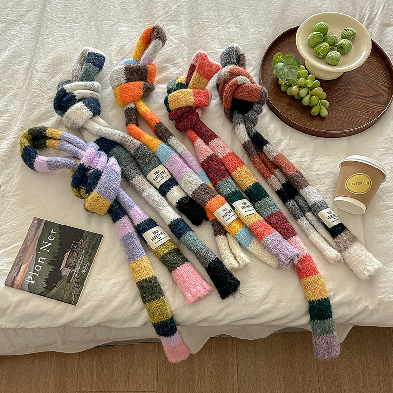 多巴胺纯拼色条纹秋冬季长条小围巾女韩版ins氛围感百搭护颈围脖