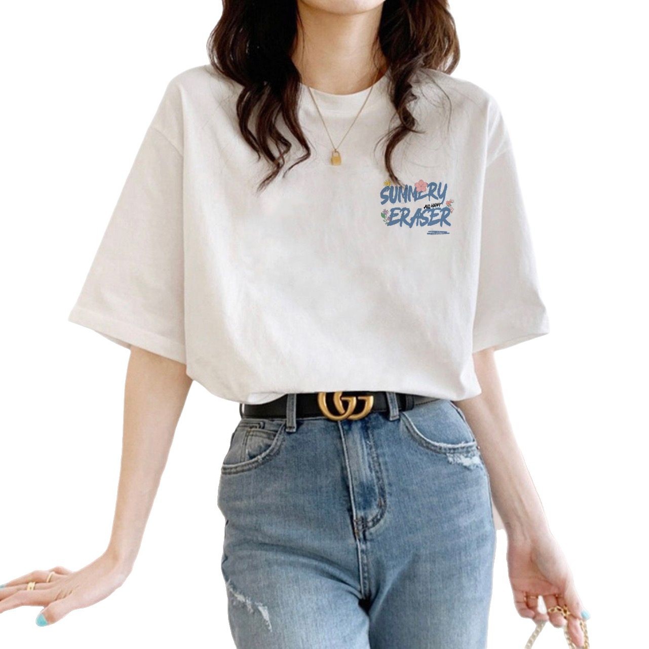 This new pure cotton short-sleeved T-shirt is a perfect match for women in summer. It features a printed off-the-shoulder top with a loose round neck and a Korean-style Instagram inside Item Picture