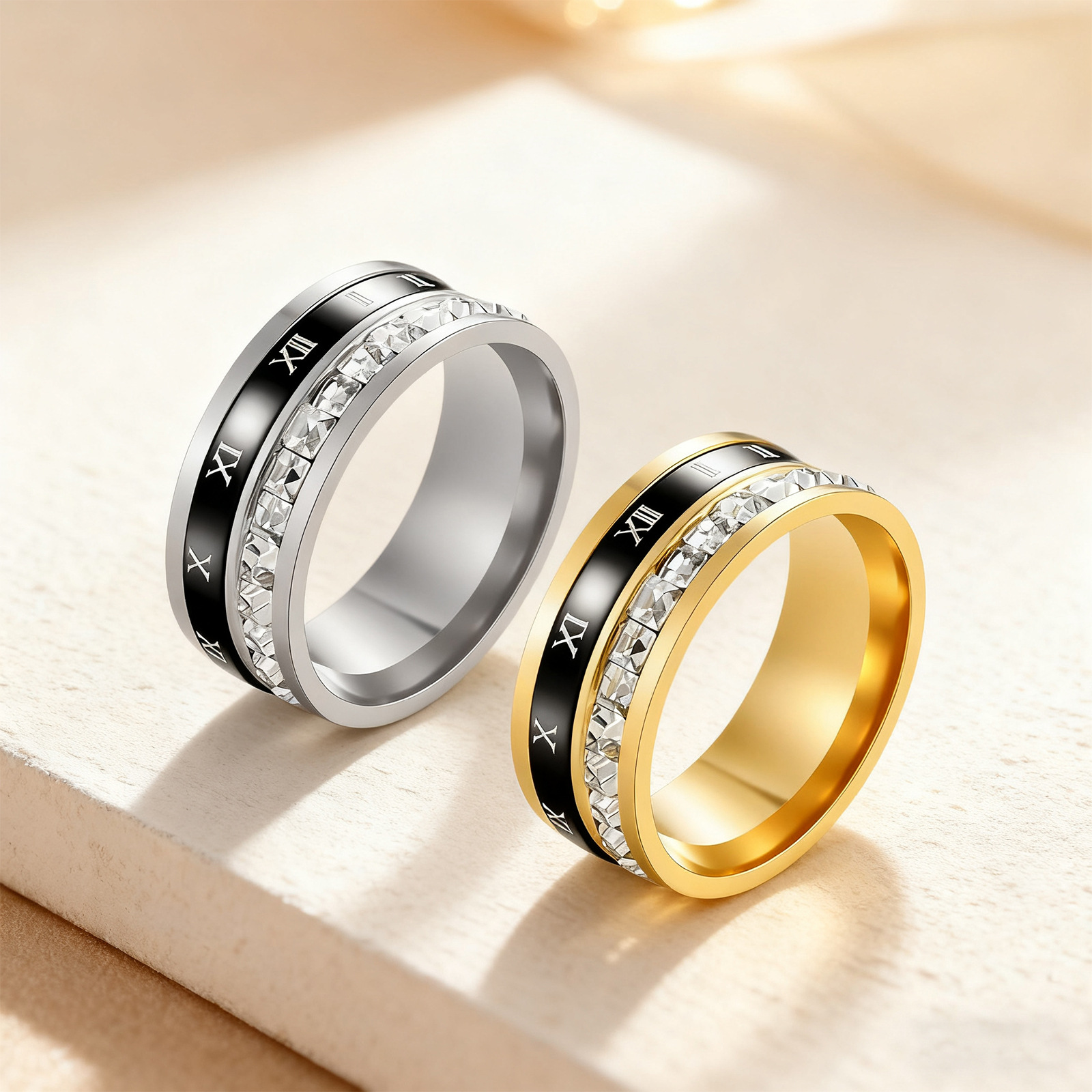 Cross border nuevos números romanos diamantes diamantes anillo de reducción de presión puede girar anillo anillo red de moda pareja anillo anillo