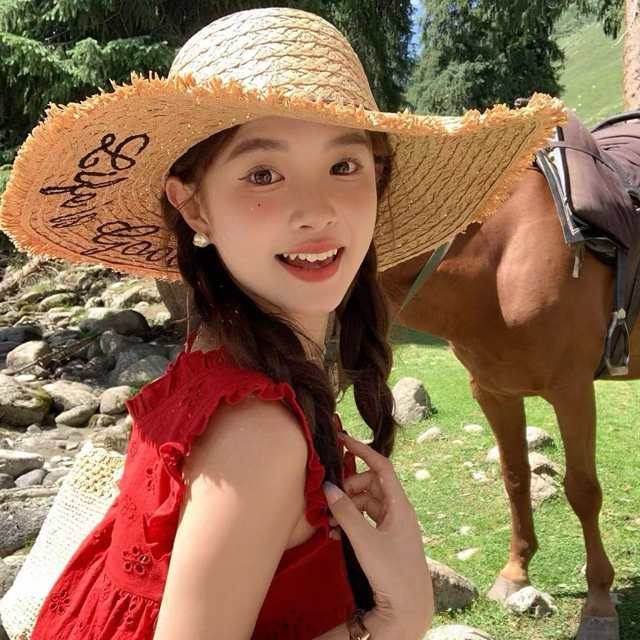 帽子女夏季字母刺绣毛边大沿沙滩太阳帽出游海边度假防晒遮阳草帽