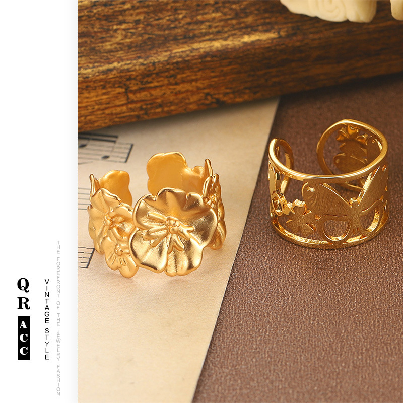 Retro flower butterfly hollowed-out texture ring, high-end design sense ring, simple, ins, fashionable and versatile open ring