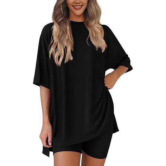 Cross-border trade Amazon 2025 New Women's casual round-neck split loose shorts short-sleeved home wear set full figure