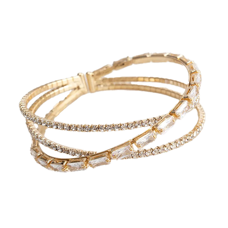 欧美个性潮流3排交叉水钻锆石手镯钢丝弹力手饰可调节圈口 跨境欧美宴会聚会百搭闪亮手饰配饰