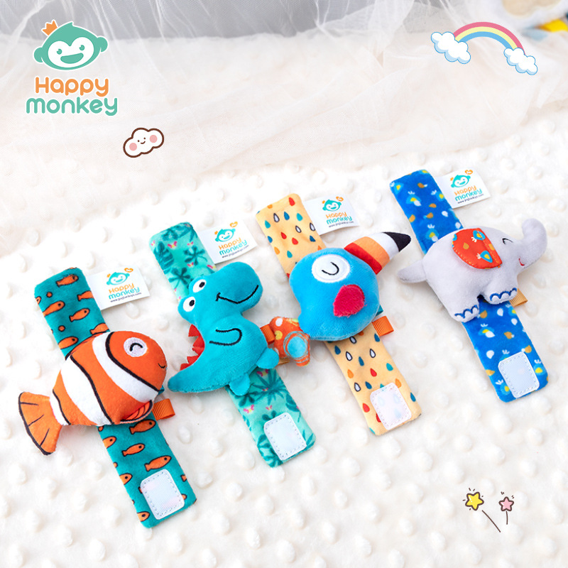 Happymonkey婴儿手腕带摇铃玩具宝宝卡通动物手表带新生儿礼物