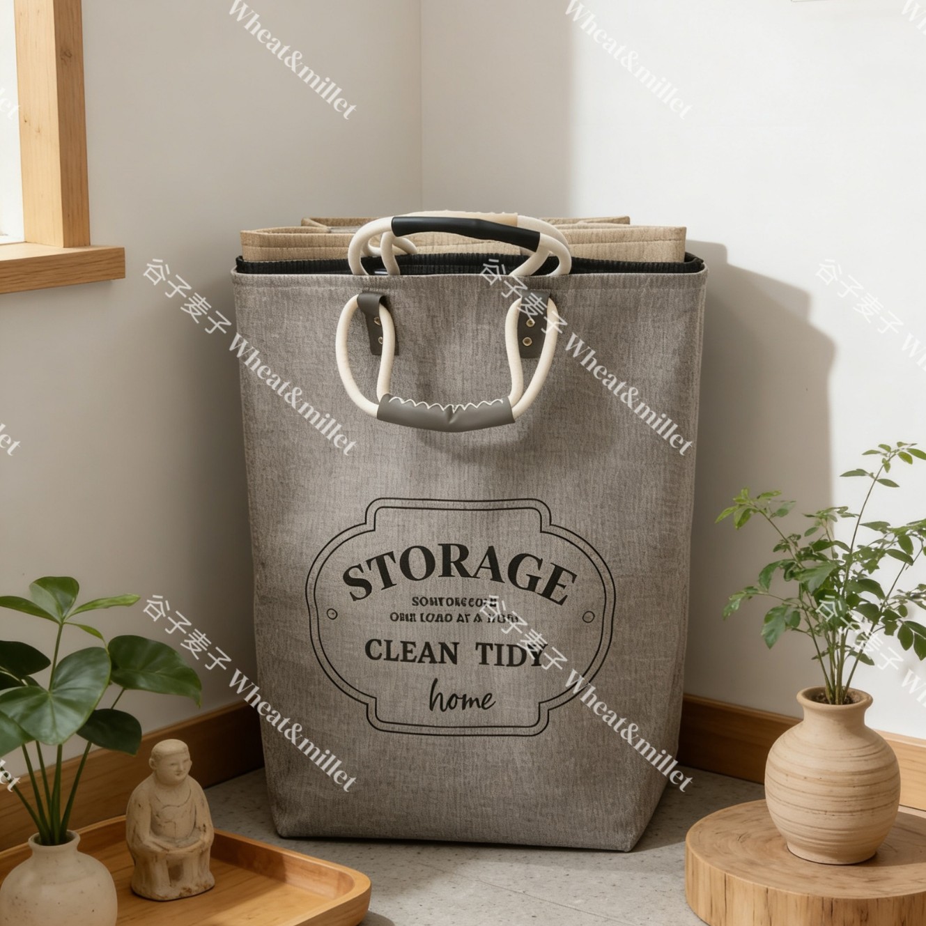 Leather handle storage bag for clothes, quilts and sundries