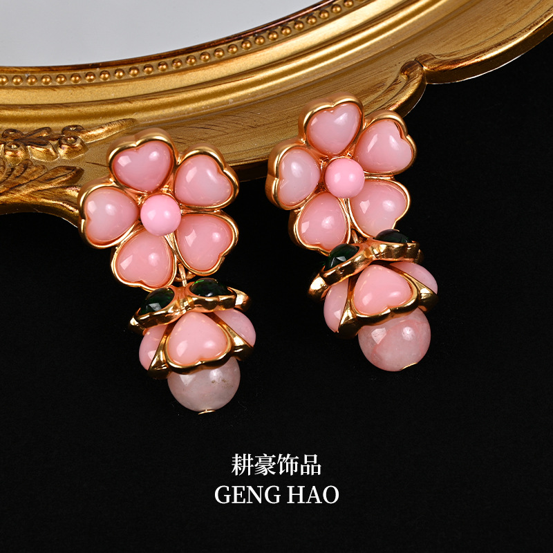 复古捷克钻绿色琉璃花朵样式胸针法式vintage中古粉色花朵耳坠 Specification image