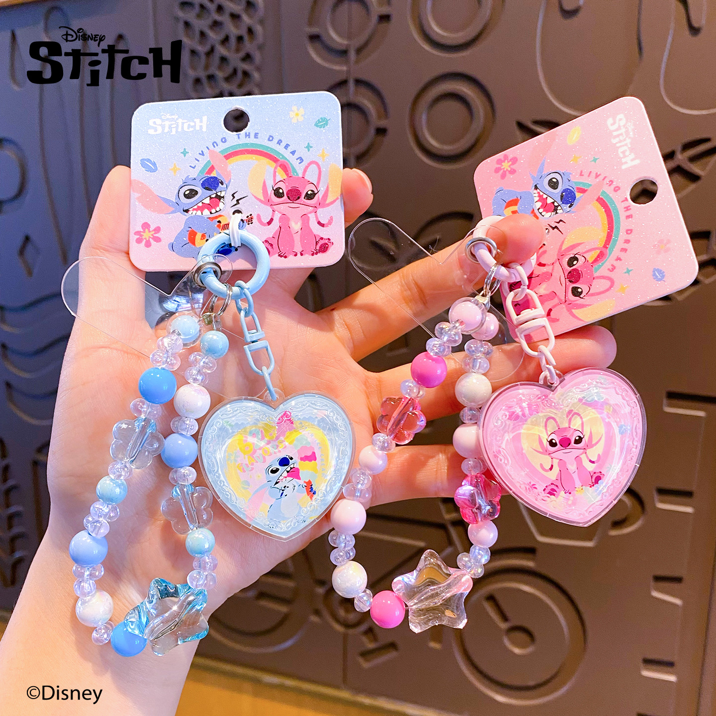 正版史迪奇钥匙扣可爱糖果爱心亚克力串珠钥匙链创意情侣书包挂件