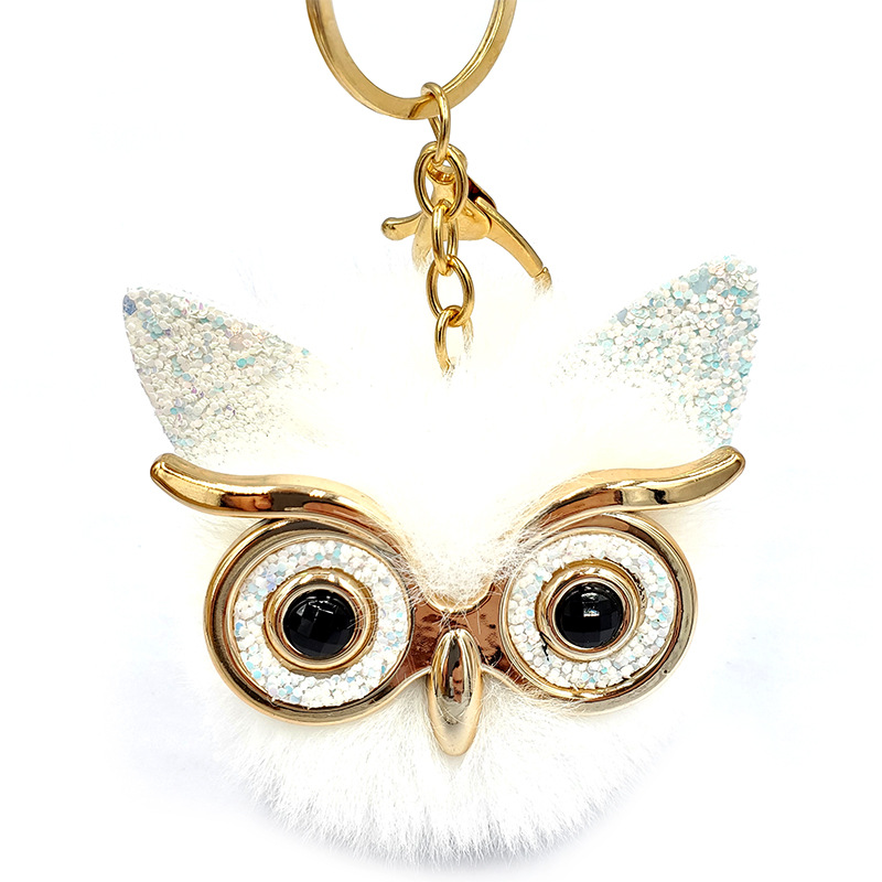 New large-eyed owl fur ball keychain pendant, imitation rex rabbit fur women's luggage and car hanging decoration wholesale Item Picture