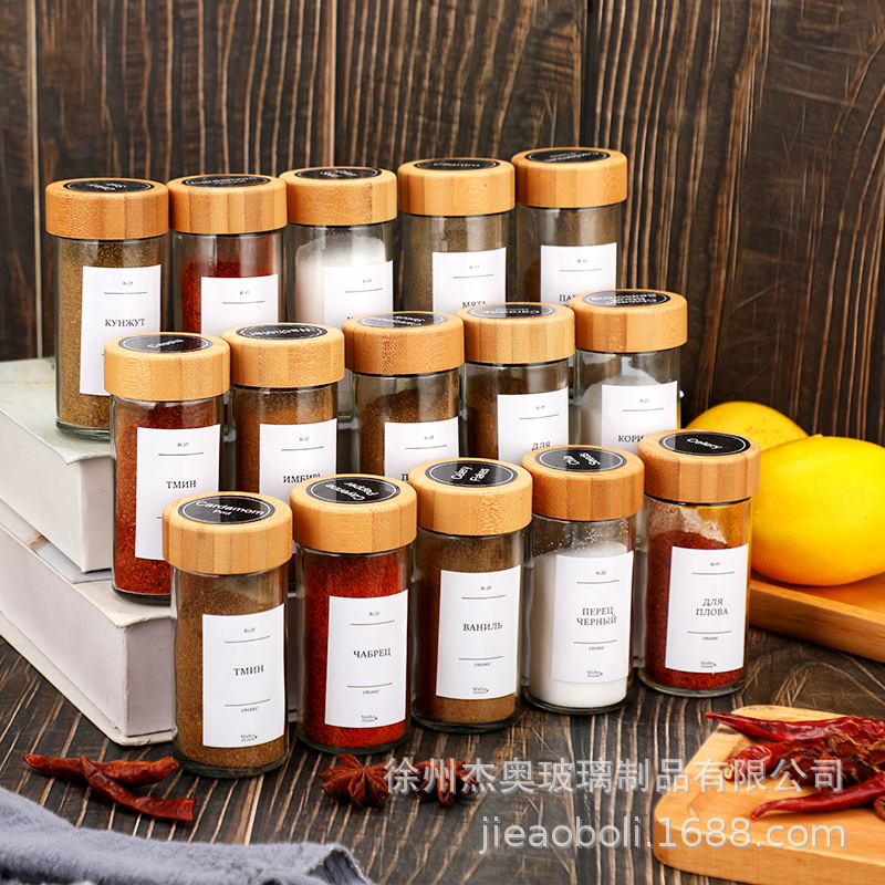 Crossborder amazon 4oz square condimento botella 120ml bambú y madera tapa de vidrio condimento jarro de pimienta set de sal jarro Specification image