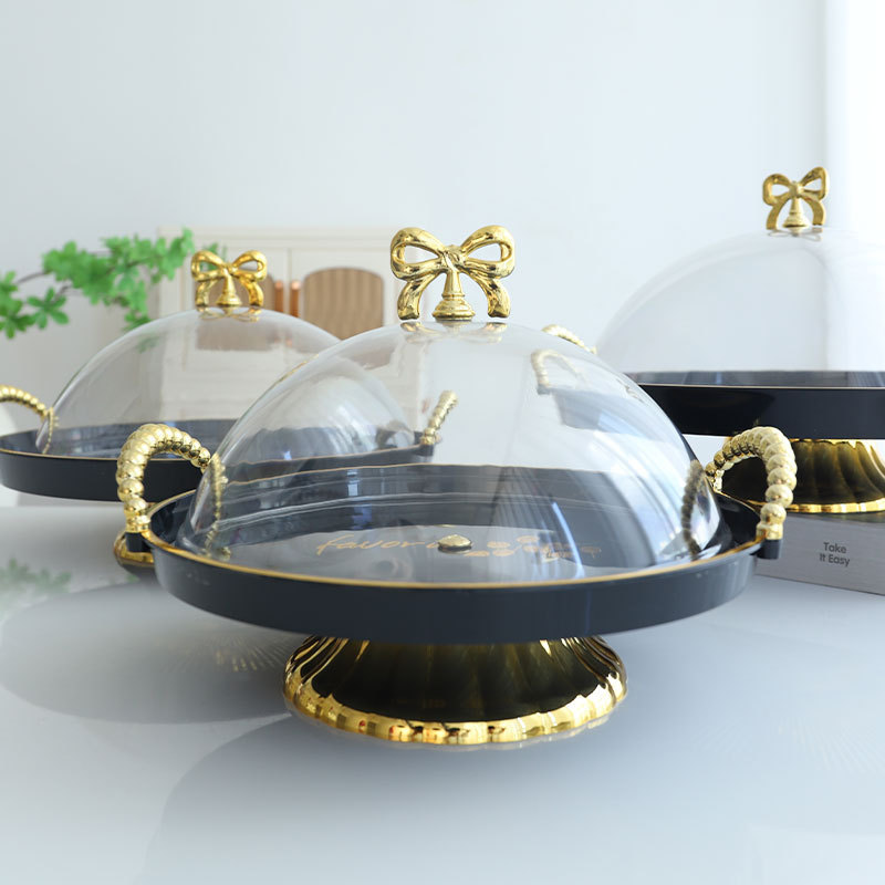 Cross-border cake tray with lid, dessert plate display, rotating fruit plate, black plastic buffet bread and pastry presentation Specification image