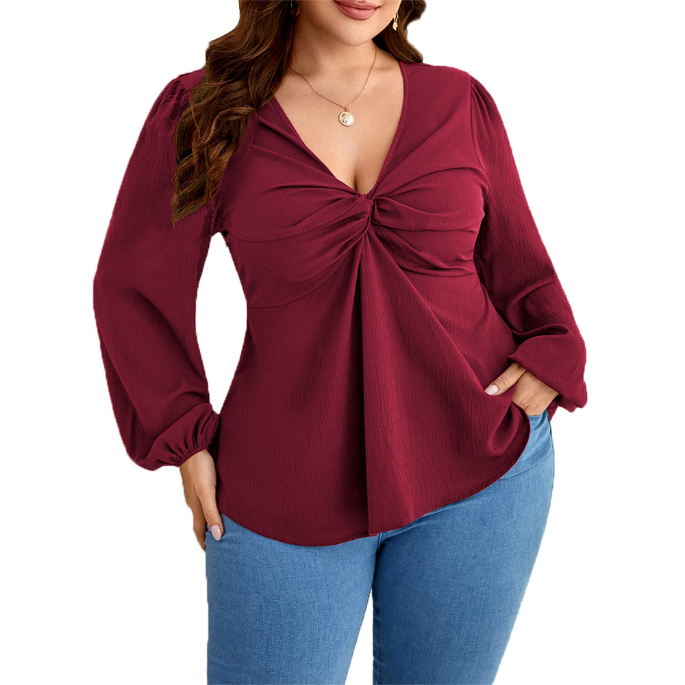 2024 International Station Cross-border plate-size women's wear V-neck T-shirt with a mature and ladylike style, fashionable and youthful wine red top for autumn and winter Item Picture