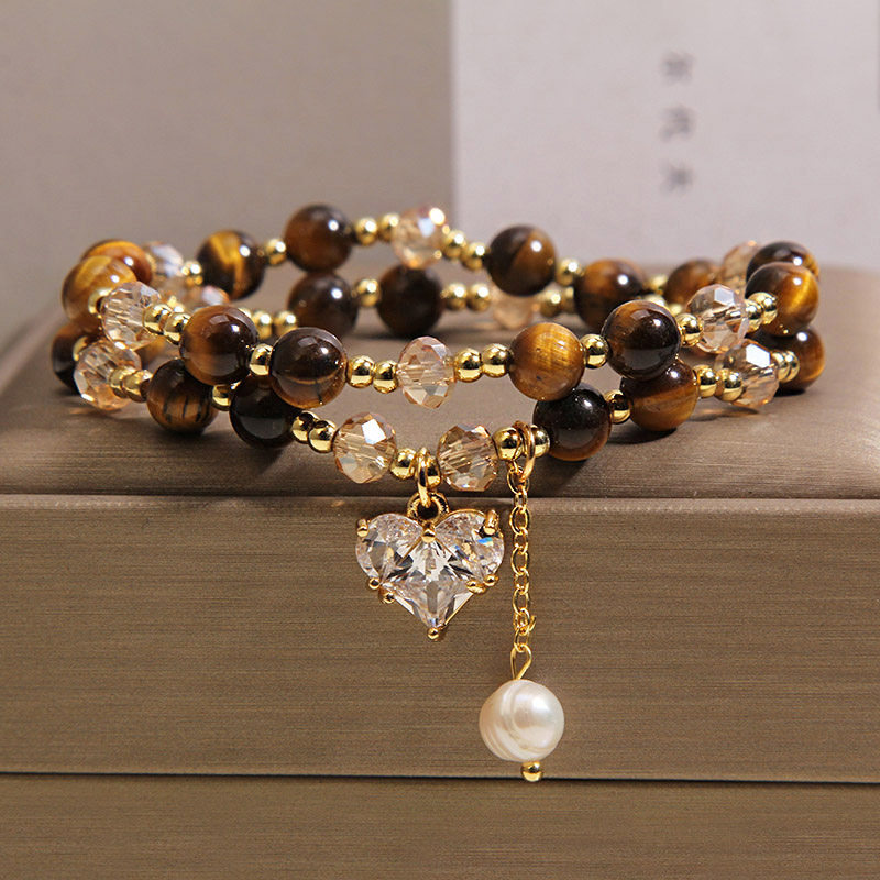 Natural tiger's eye multi-layer bracelet, light luxury, niche and high-end feel, heart-shaped pendant, exquisite bracelet, wealth attraction jewelry details Picture