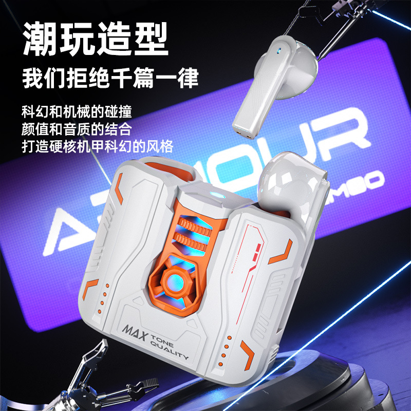 GM80 wireless Bluetooth headphones feature intelligent noise cancellation, comfort, water resistance, in-ear gaming, music, mecha, cool appearance and private mold Specification image