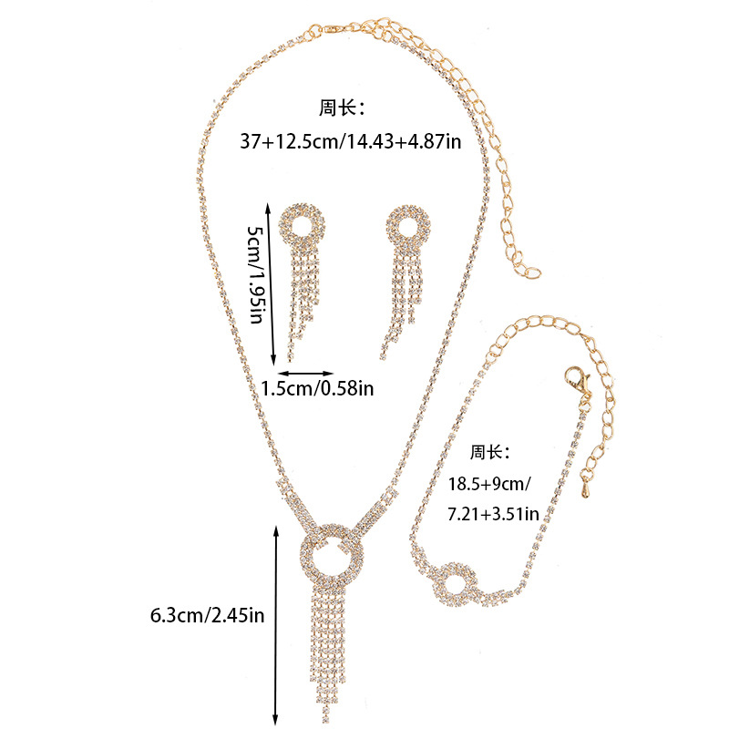 Wholesale supply of cross-border chain, rhinestone, tassel, necklace, earrings, bracelet, luxury three-piece set, banquet dress and wedding accessories Specification image