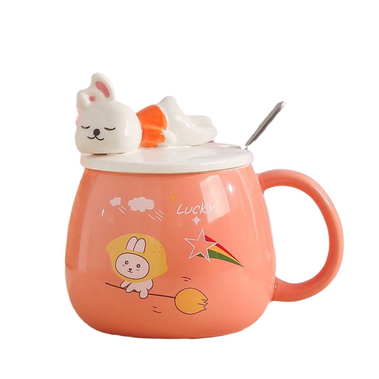 Cute rabbit cups, ceramic cups, high appearance level, couple mugs, creative embossed coffee cups with LIDS, milk cups Item Picture